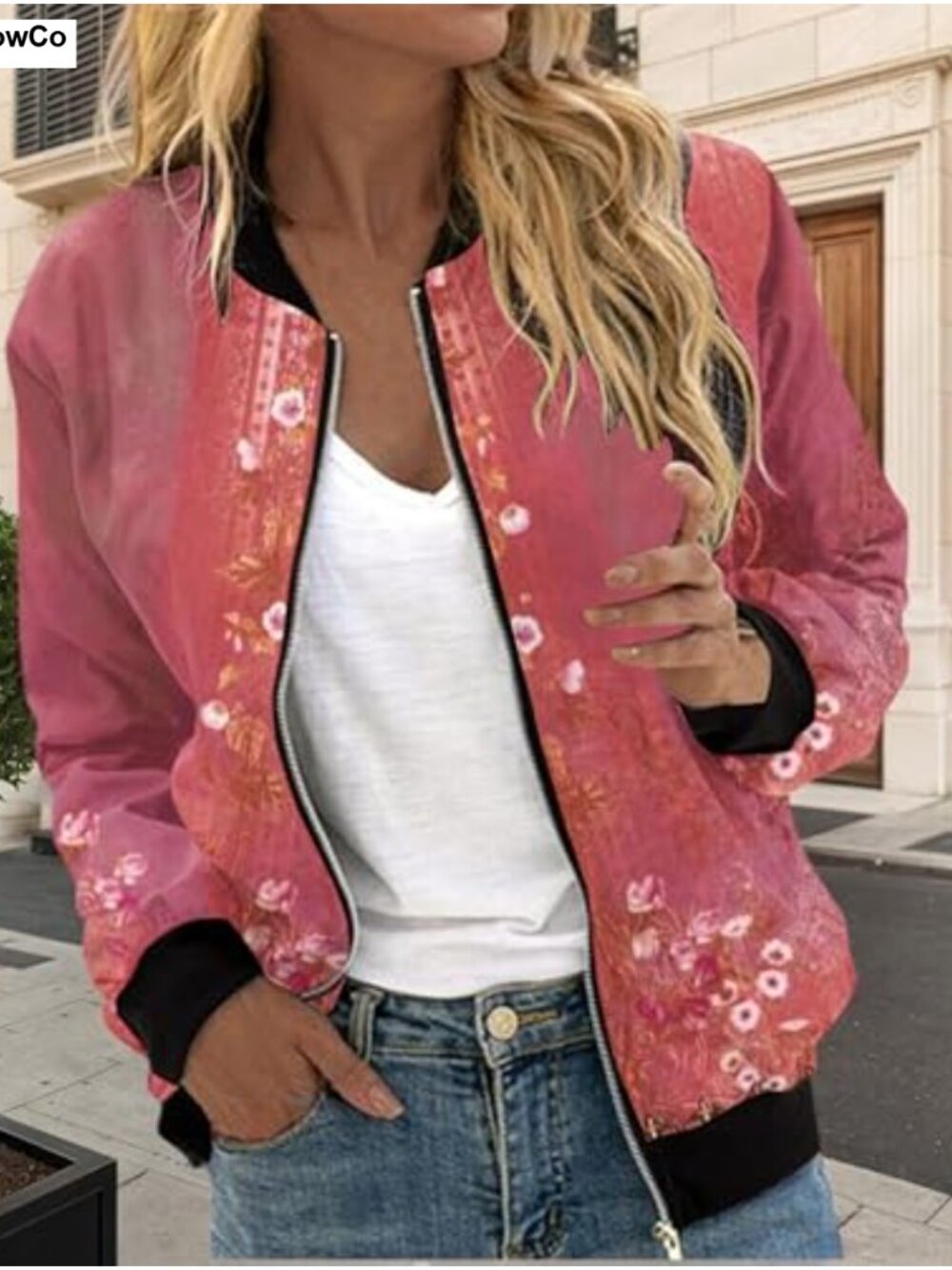 Women's Floral Print Bomber Jacket Lightweight Zip Vintage Casual Outwear - Picture 3 of 3